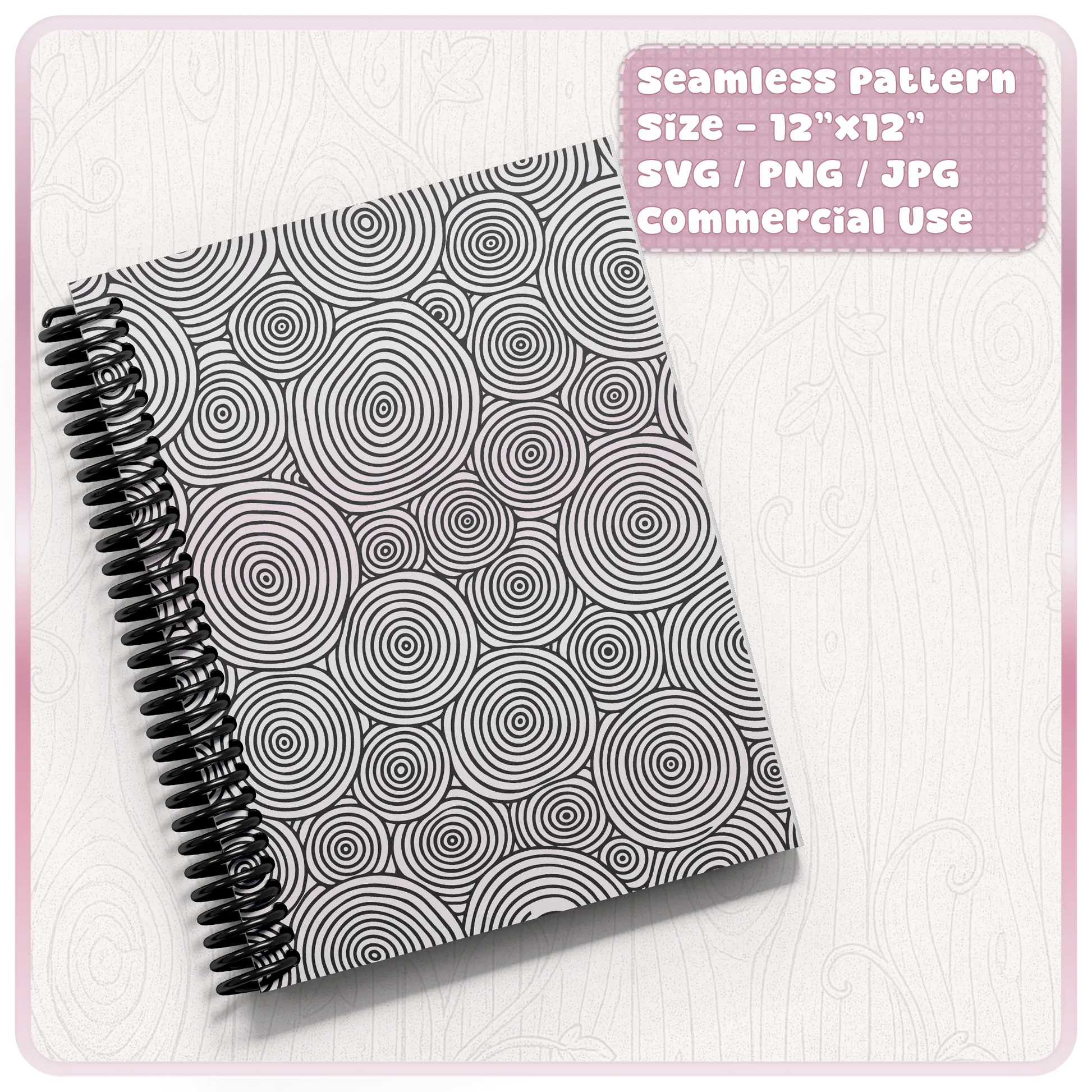 Black and white seamless woodgrain pattern shown on a spiral notebook cover, suitable for journals, planners, stationery and printable digital paper.