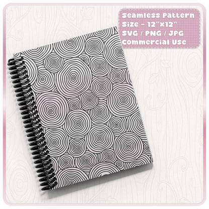 Black and white seamless woodgrain pattern shown on a spiral notebook cover, suitable for journals, planners, stationery and printable digital paper.