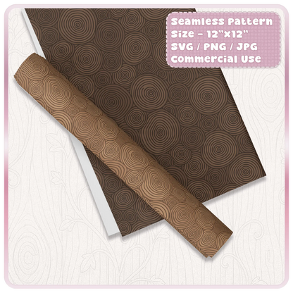 Brown fairytale woodgrain seamless pattern mockup on wrapping paper and ribbon, ideal for packaging, gift wrap, scrapbooking and woodland craft designs.