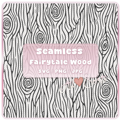 Seamless Fairytale Woodgrain SVG PNG JPG digital download preview with black and white tileable wood grain pattern and pink product label.