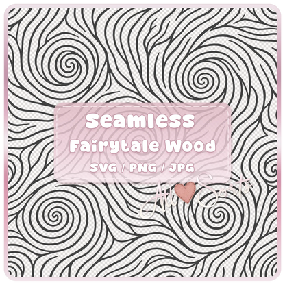 Seamless Fairytale Woodgrain SVG PNG JPG digital pattern preview with black swirling woodgrain line art and pink product label by All Sorts.