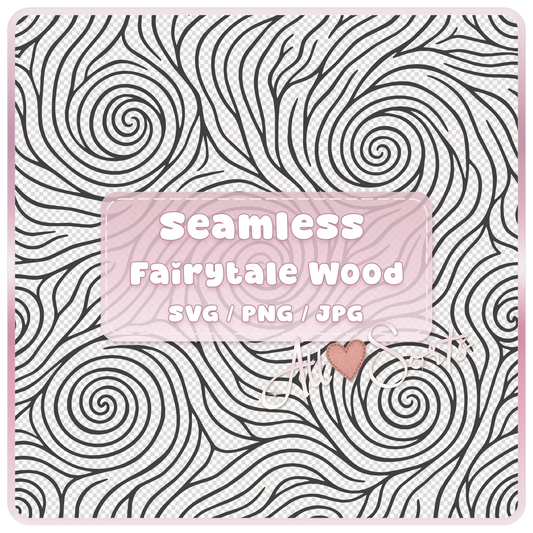 Seamless Fairytale Woodgrain SVG PNG JPG digital pattern preview with black swirling woodgrain line art and pink product label by All Sorts.