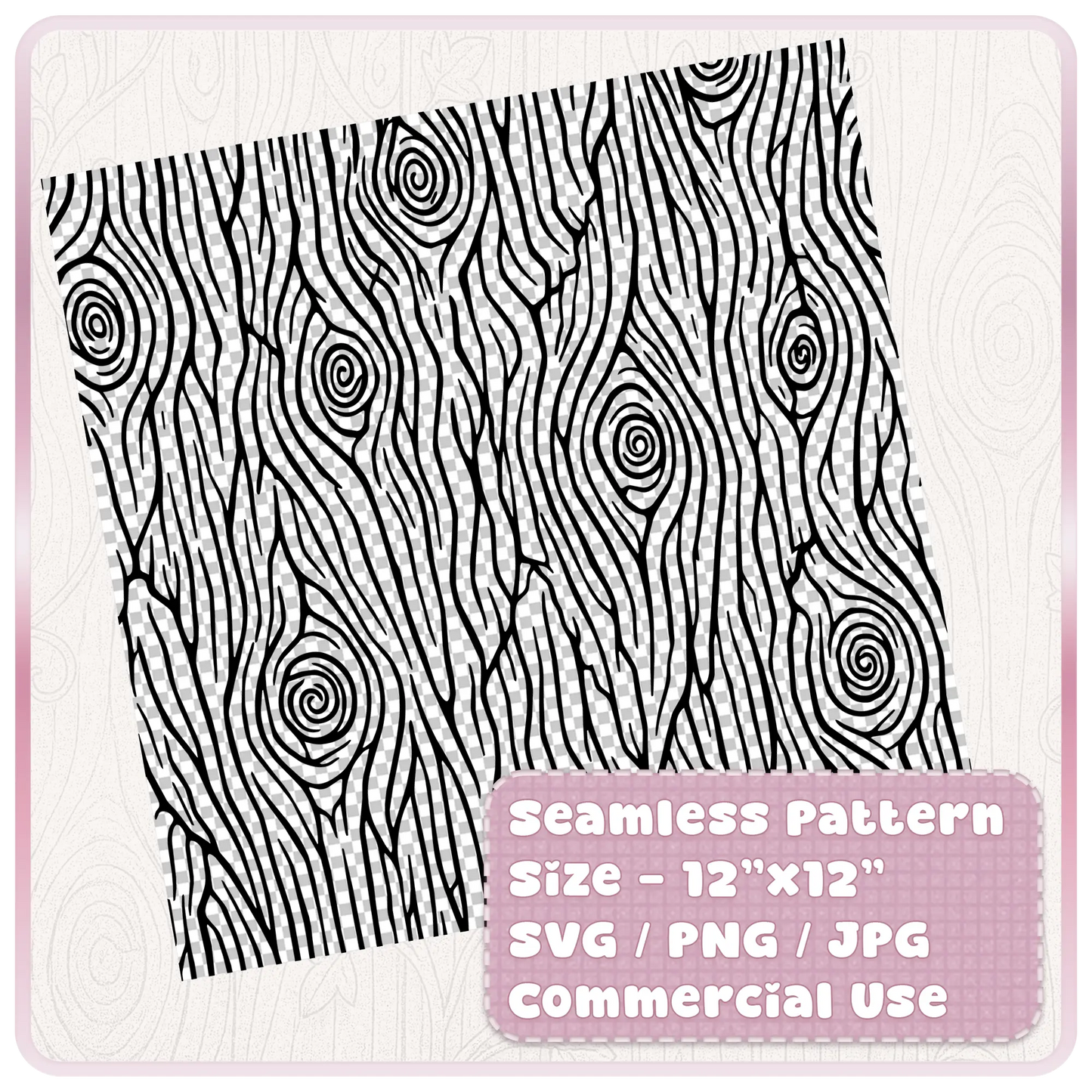 Seamless woodgrain pattern digital file preview showing 12 x 12 inch SVG PNG JPG tileable woodland texture for commercial craft use.
