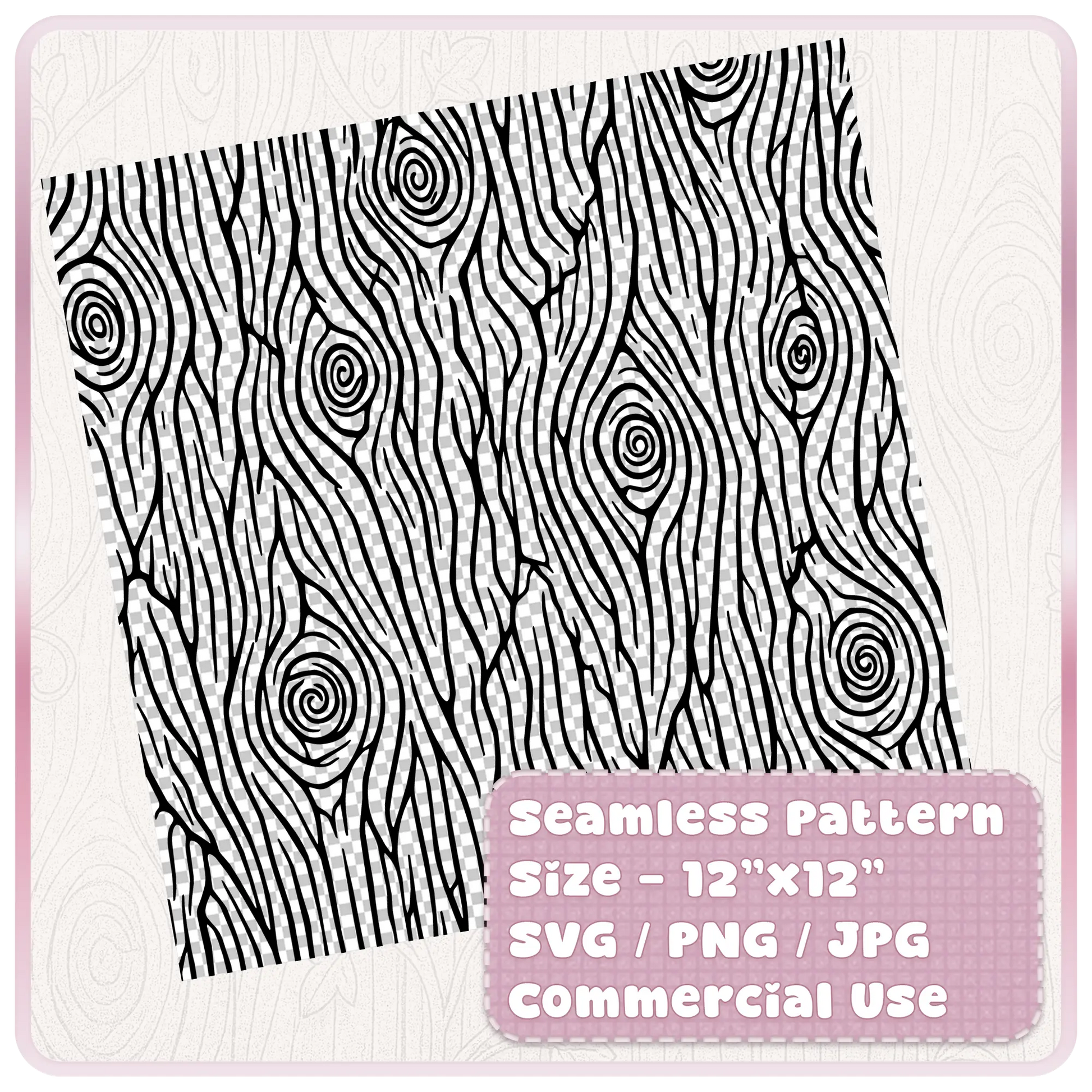 Seamless woodgrain pattern digital file preview showing 12 x 12 inch SVG PNG JPG tileable woodland texture for commercial craft use.