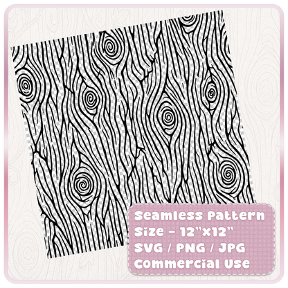 Seamless woodgrain pattern digital file preview showing 12 x 12 inch SVG PNG JPG tileable woodland texture for commercial craft use.