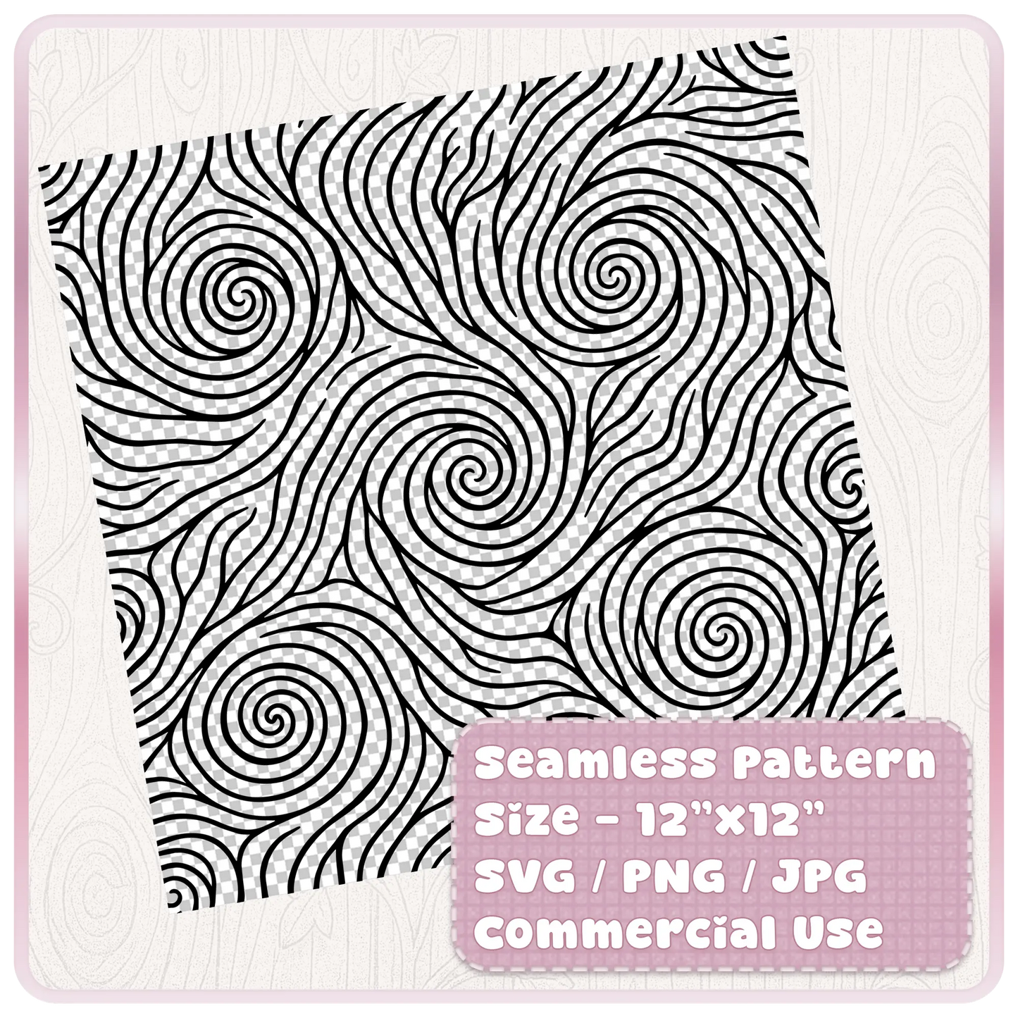 Tileable seamless fairytale woodgrain pattern shown on a 12 x 12 inch digital paper preview with SVG PNG JPG commercial use text.