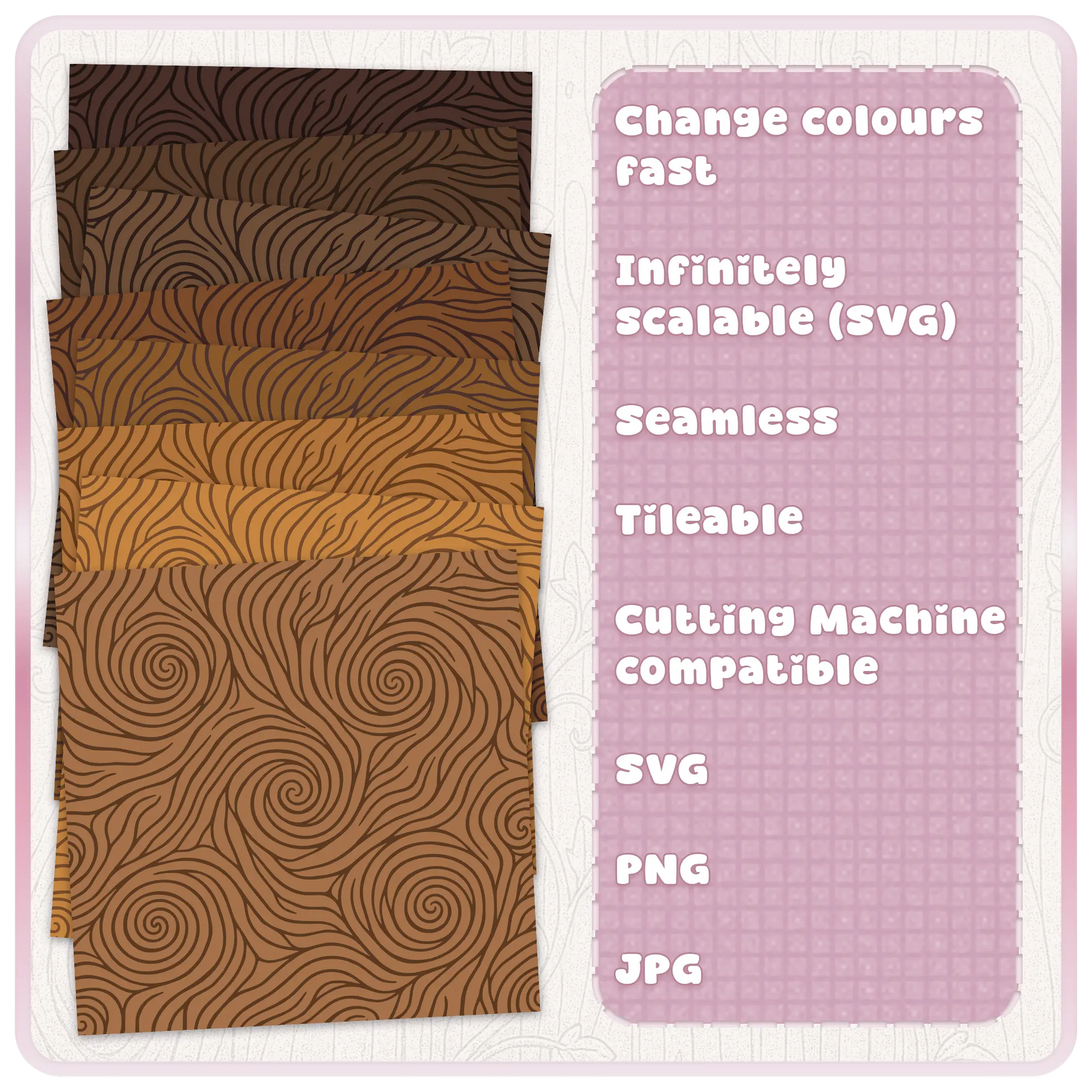 Fairytale woodgrain seamless pattern colour examples in brown woodland tones with SVG PNG JPG cutting machine compatible features.Fairytale woodgrain seamless pattern colour examples in brown woodland tones with SVG PNG JPG cutting machine compatible features.