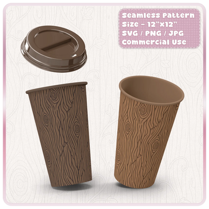 Woodgrain seamless pattern mockup on takeaway coffee cups showing rustic woodland digital paper for sublimation and product design.