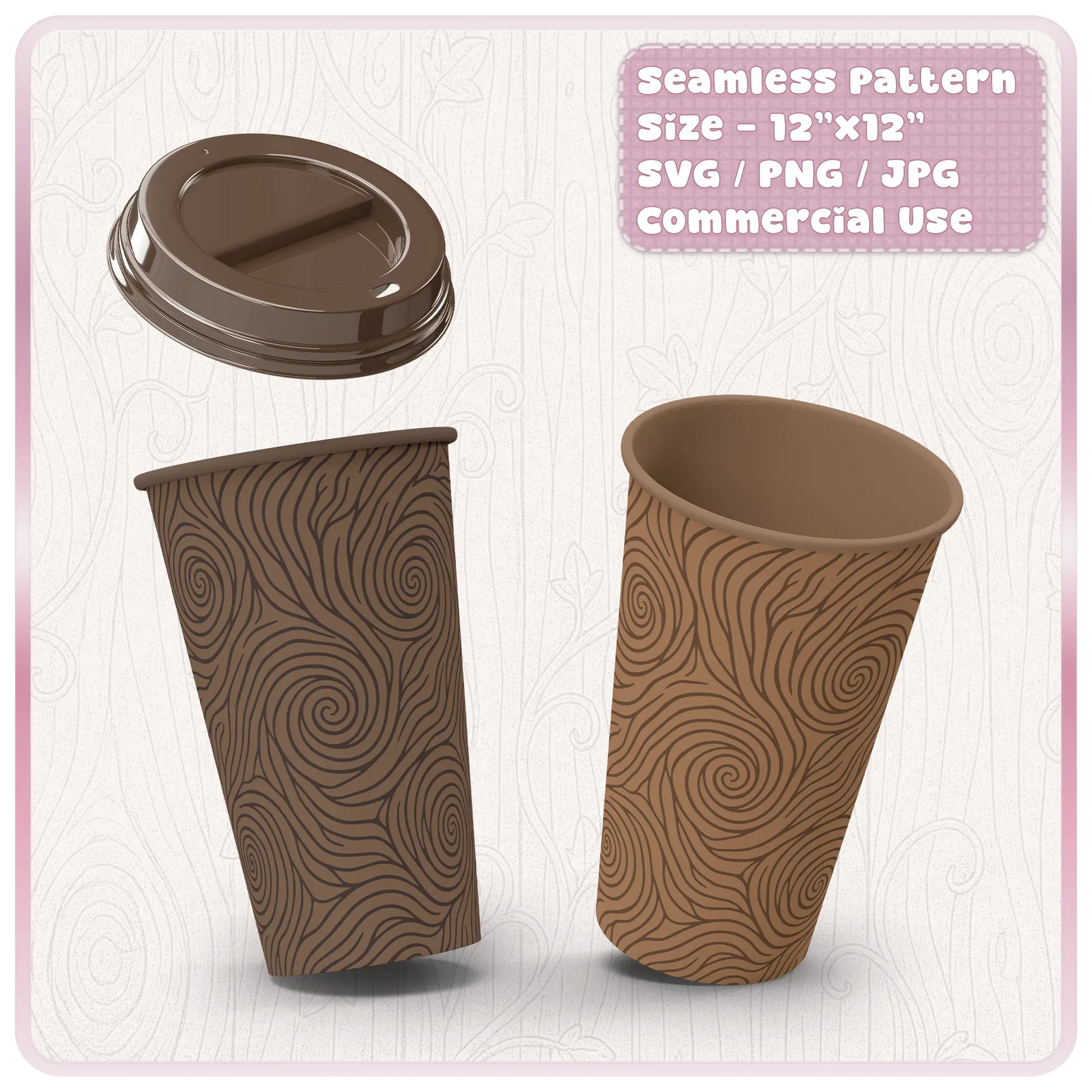 Seamless fairytale woodgrain pattern mockup on disposable coffee cups with woodland brown texture for sublimation and product design.