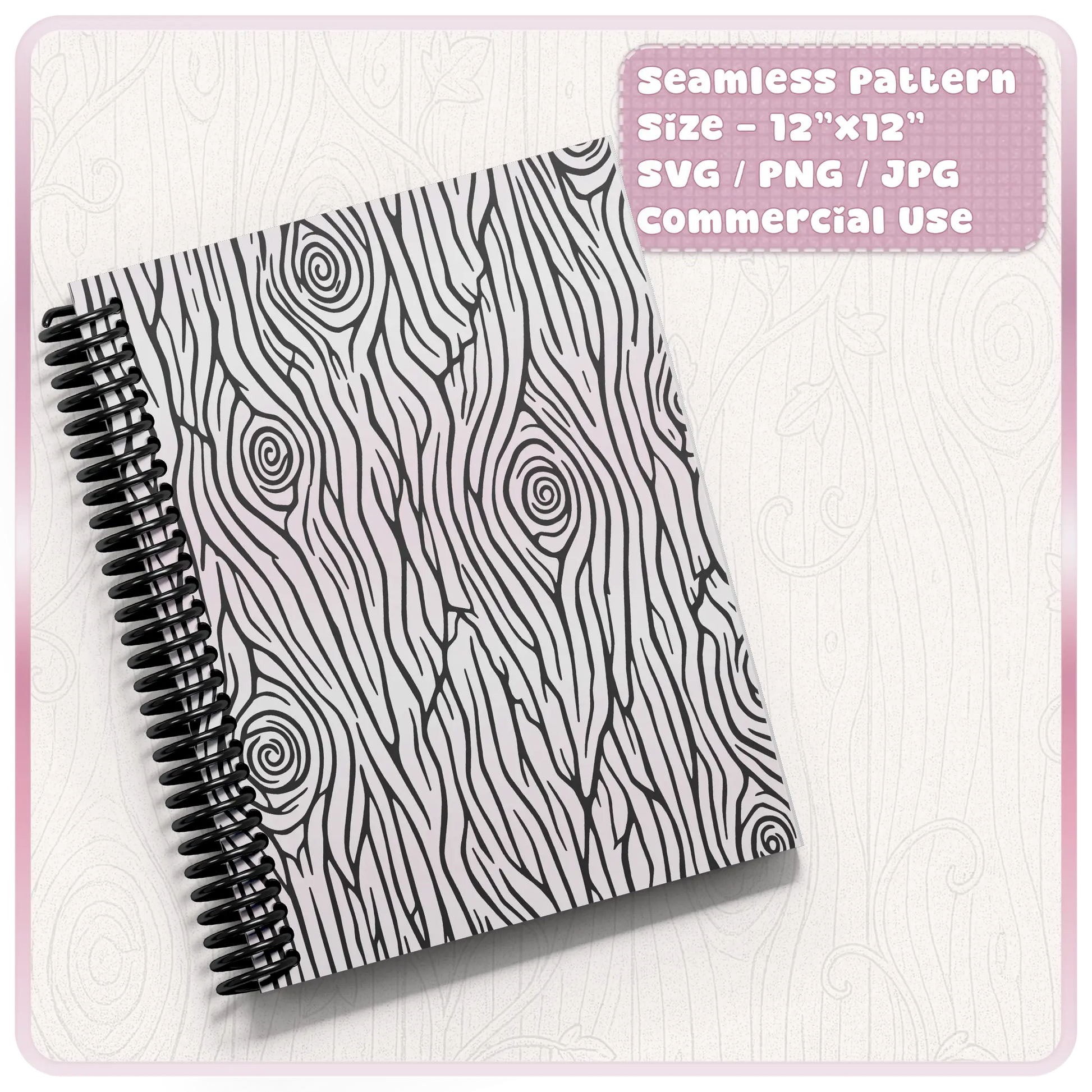 Black and white fairytale woodgrain seamless pattern shown on spiral notebook cover for printable stationery and craft projects.