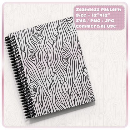 Black and white fairytale woodgrain seamless pattern shown on spiral notebook cover for printable stationery and craft projects.
