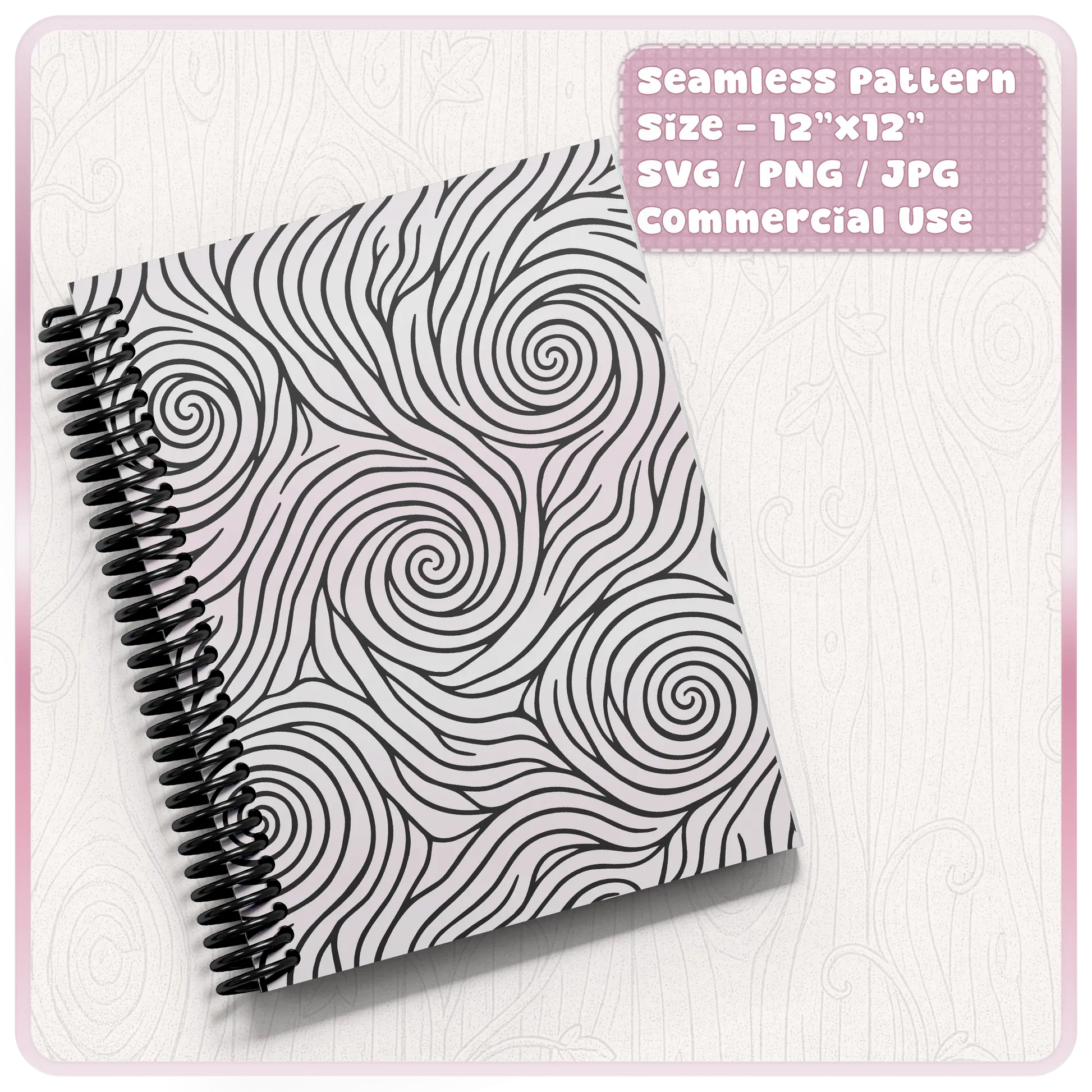 Black and white seamless fairytale woodgrain pattern shown on spiral notebook cover for printable stationery and craft projects.