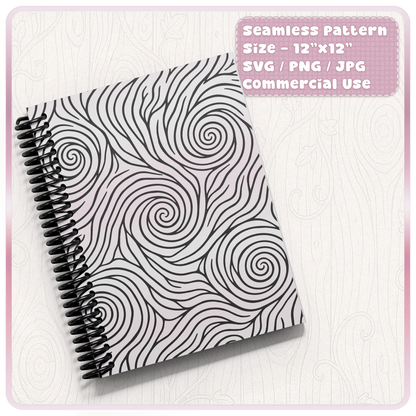 Black and white seamless fairytale woodgrain pattern shown on spiral notebook cover for printable stationery and craft projects.