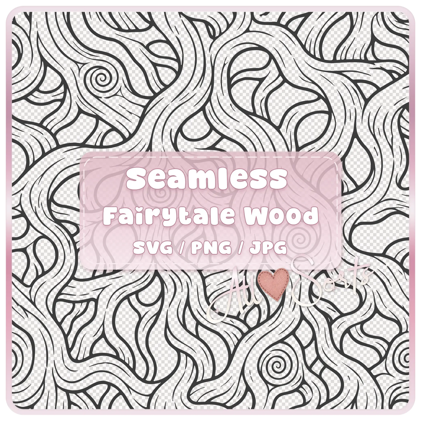 Seamless Fairytale Woodgrain SVG PNG JPG digital download pattern with black hand-drawn woodland wood grain lines and whimsical swirls by AllSorts.