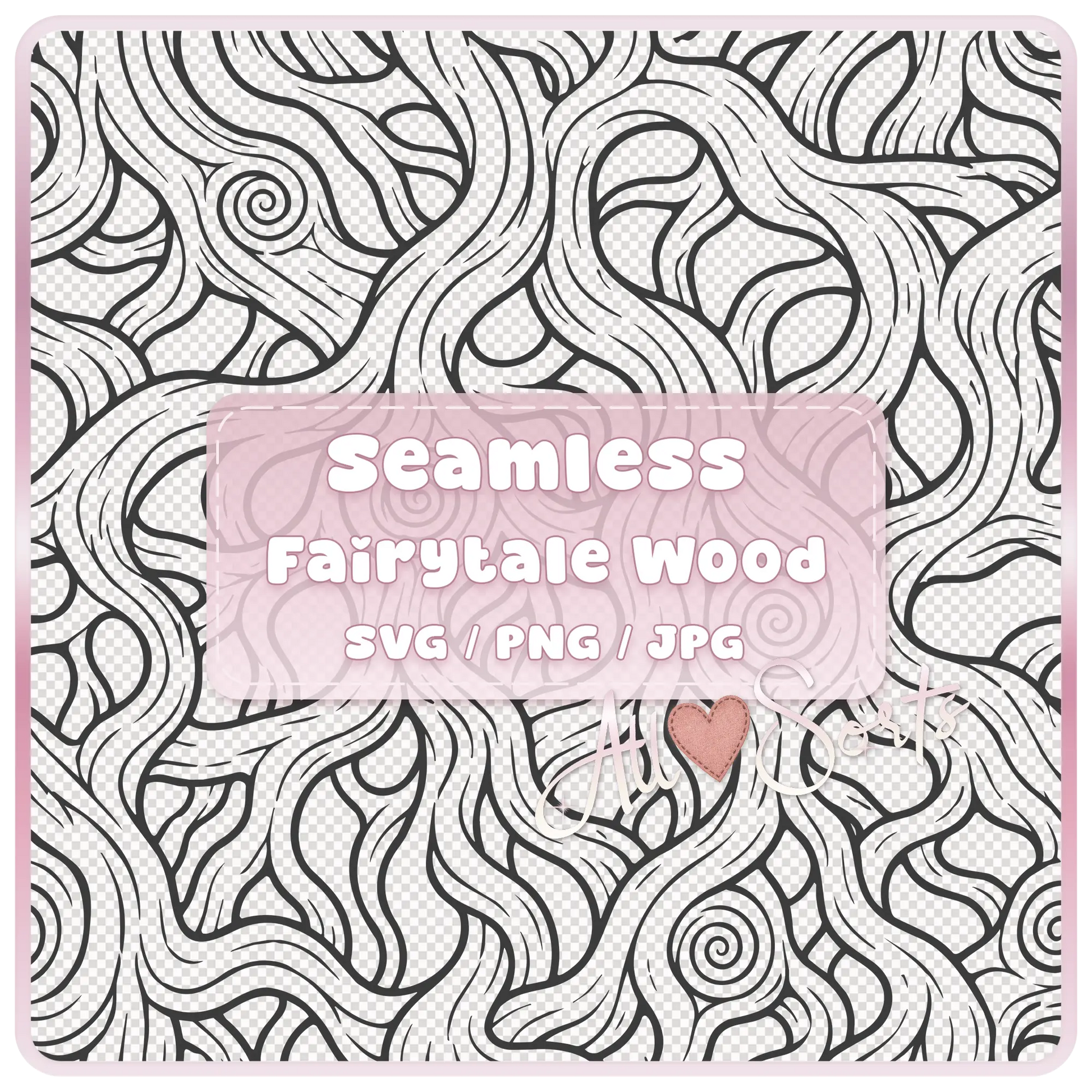 Seamless Fairytale Woodgrain SVG PNG JPG digital download pattern with black hand-drawn woodland wood grain lines and whimsical swirls by AllSorts.
