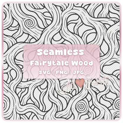 Seamless Fairytale Woodgrain SVG PNG JPG digital download pattern with black hand-drawn woodland wood grain lines and whimsical swirls by AllSorts.