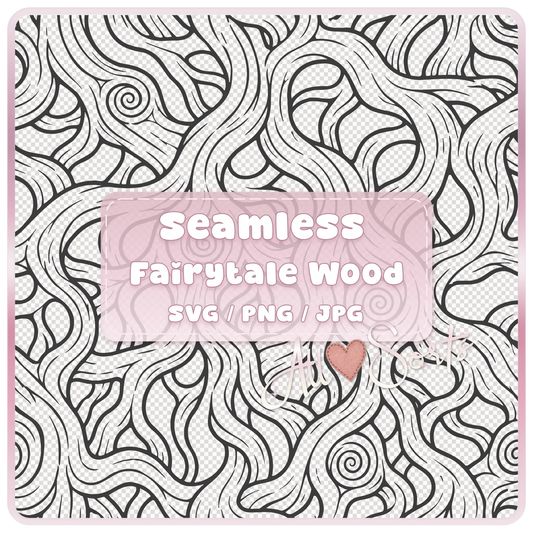 Seamless Fairytale Woodgrain SVG PNG JPG digital download pattern with black hand-drawn woodland wood grain lines and whimsical swirls by AllSorts.