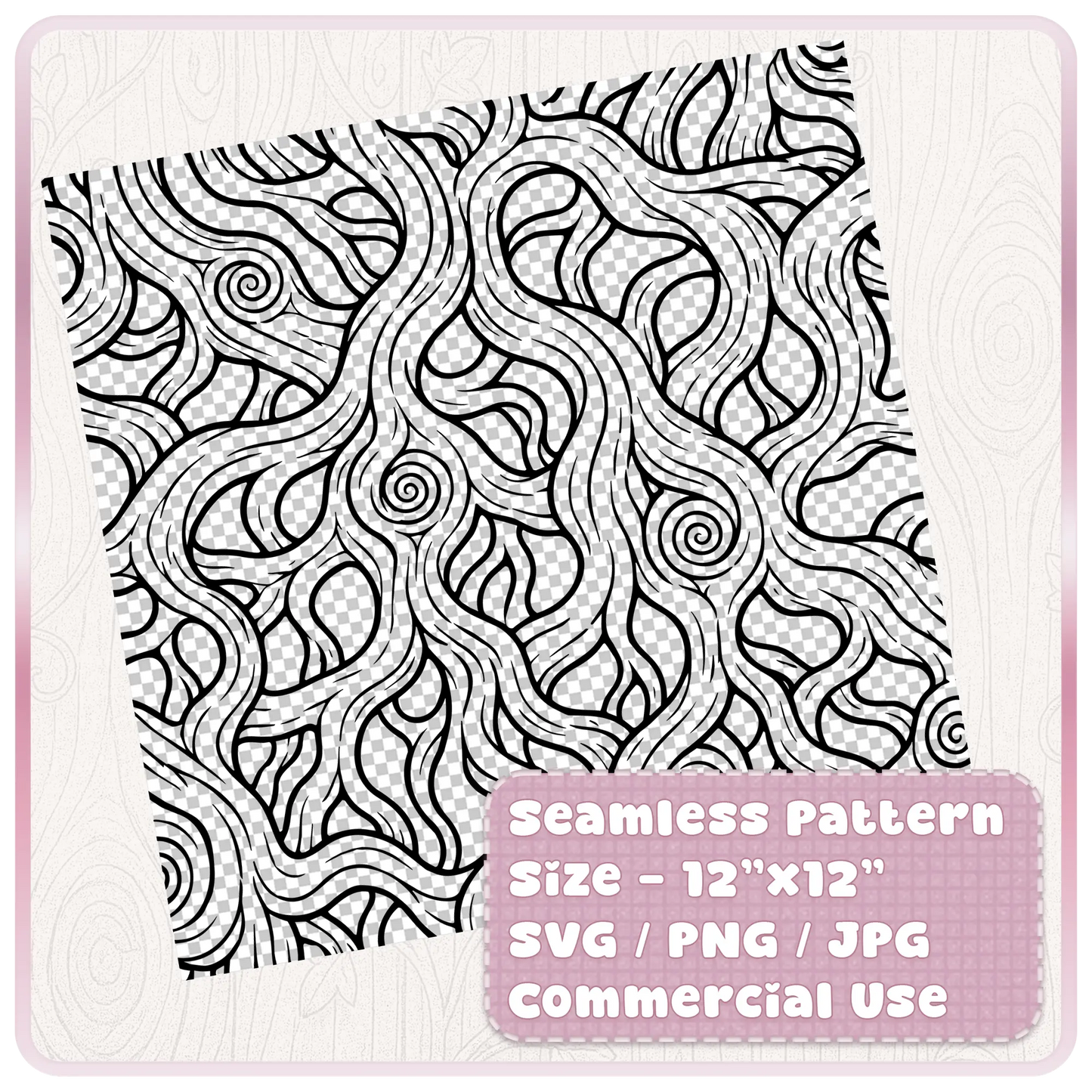 Tileable 12x12 seamless fairytale woodgrain pattern preview showing black wood grain line art on a transparent-style background with SVG PNG JPG commercial use details.
