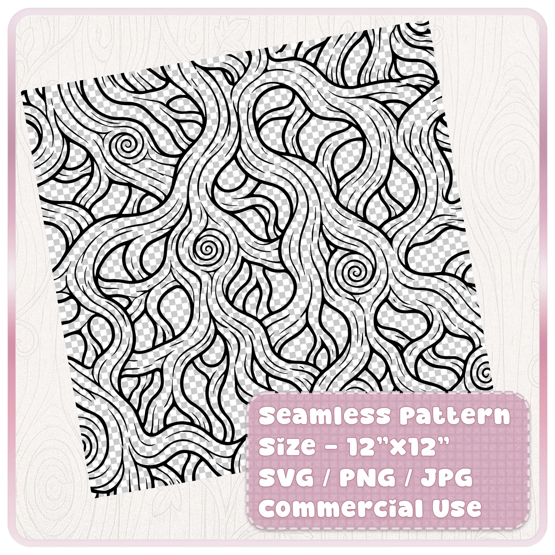 Tileable 12x12 seamless fairytale woodgrain pattern preview showing black wood grain line art on a transparent-style background with SVG PNG JPG commercial use details.