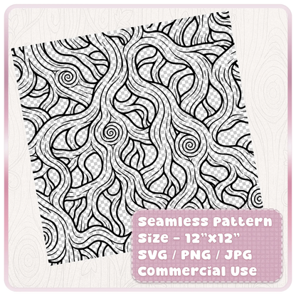 Tileable 12x12 seamless fairytale woodgrain pattern preview showing black wood grain line art on a transparent-style background with SVG PNG JPG commercial use details.