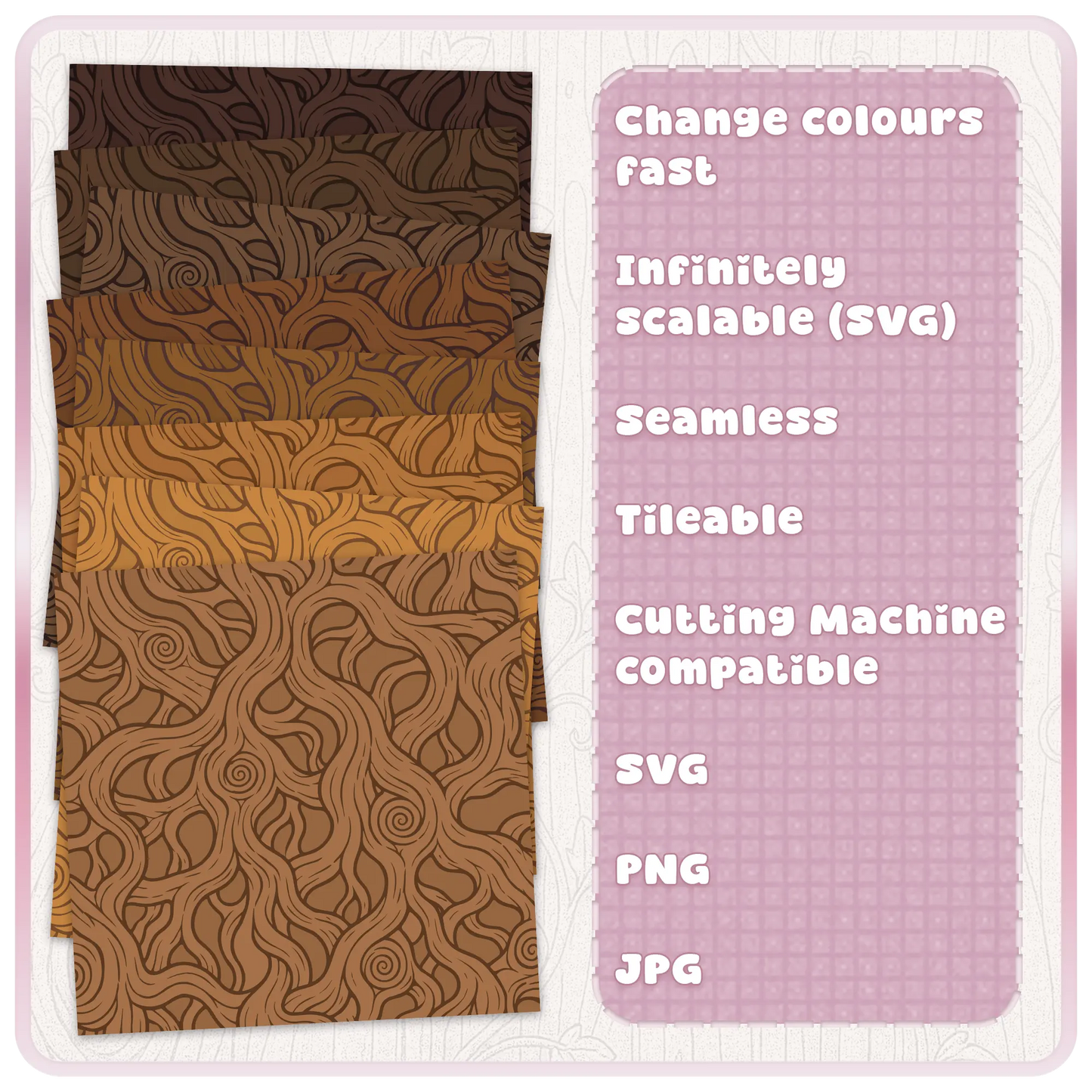 Fairytale woodgrain seamless pattern colour examples in rustic brown tones with feature list including scalable SVG, tileable design, PNG and JPG files.
