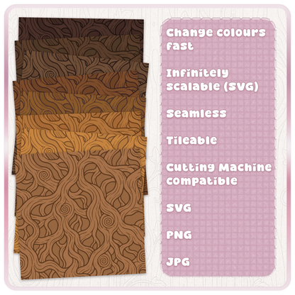 Fairytale woodgrain seamless pattern colour examples in rustic brown tones with feature list including scalable SVG, tileable design, PNG and JPG files.