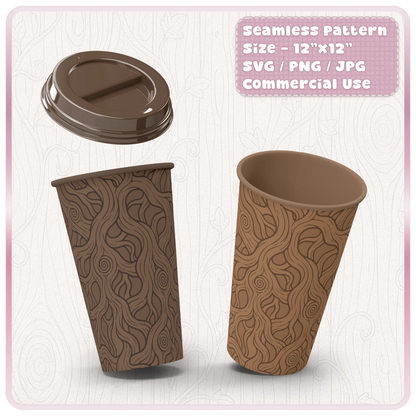 Woodland woodgrain seamless pattern mockup on takeaway coffee cups showing rustic brown fairytale forest texture for sublimation and product design.
