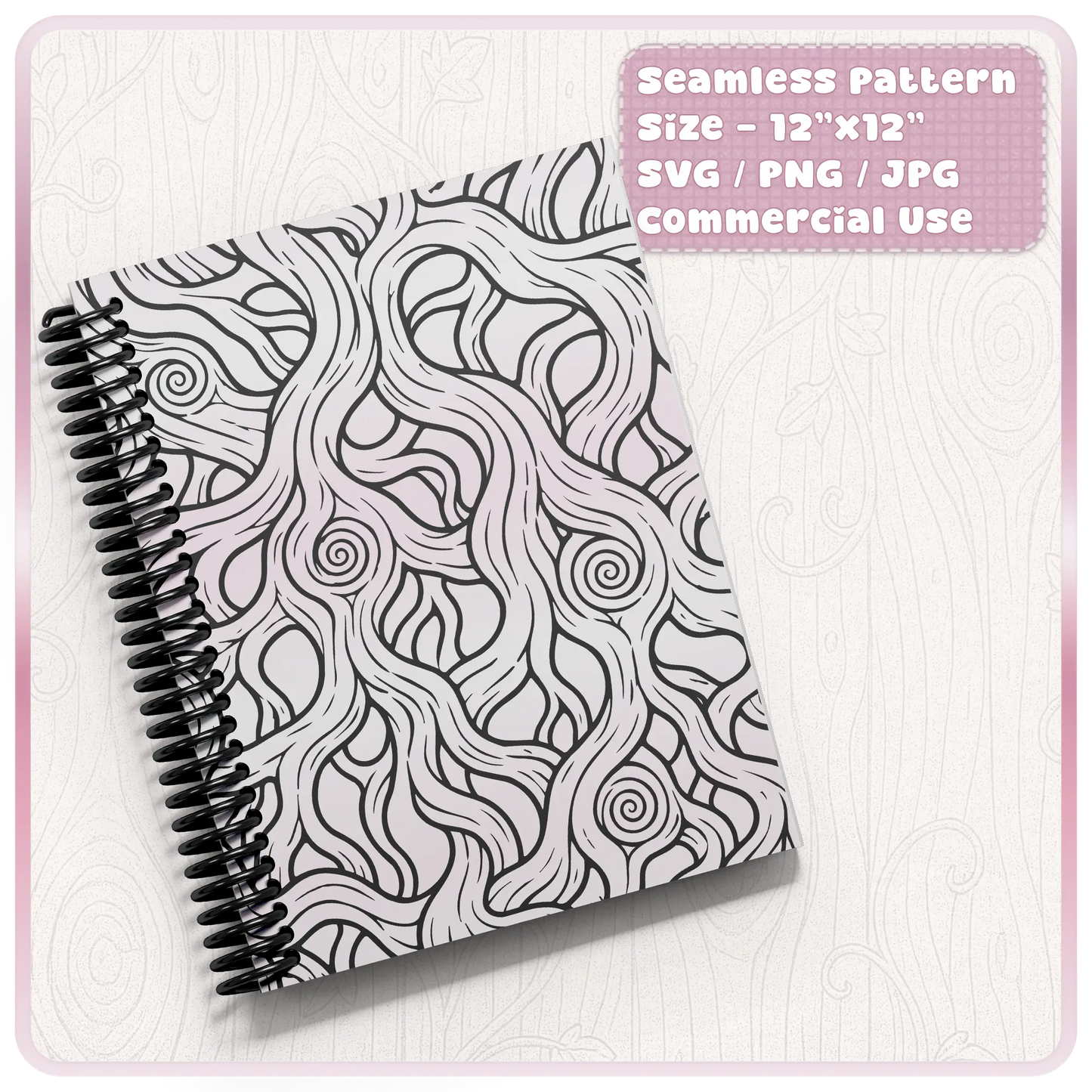Seamless fairytale woodgrain pattern used on a spiral notebook cover, ideal for stationery, journals, planners, scrapbooking and printable digital paper.