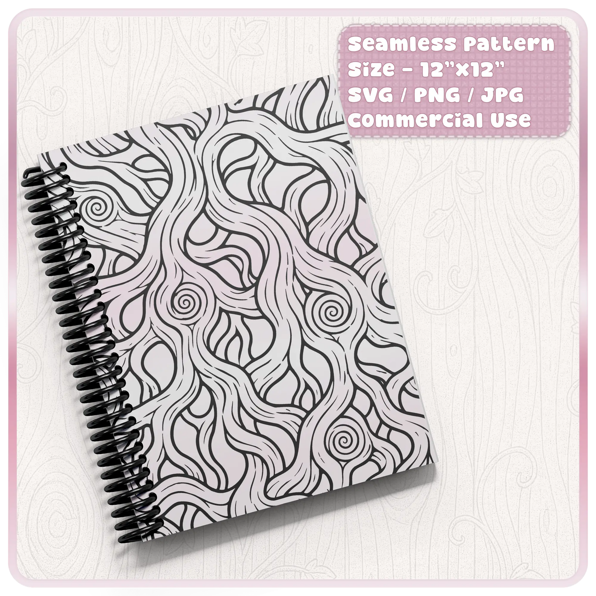 Seamless fairytale woodgrain pattern used on a spiral notebook cover, ideal for stationery, journals, planners, scrapbooking and printable digital paper.