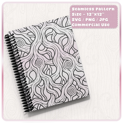 Seamless fairytale woodgrain pattern used on a spiral notebook cover, ideal for stationery, journals, planners, scrapbooking and printable digital paper.
