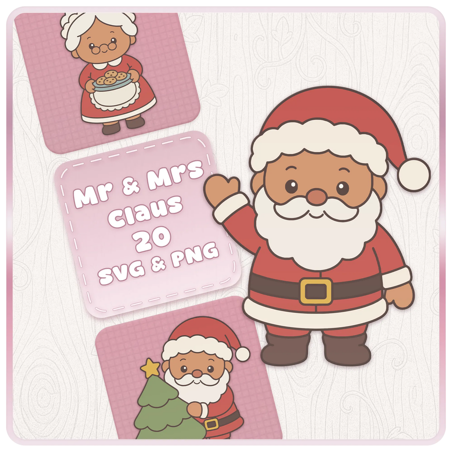 Mr and Mrs Santa Claus SVG and PNG Christmas clipart bundle featuring cute Santa waving, Mrs Claus with cookies and Santa decorating a Christmas tree.