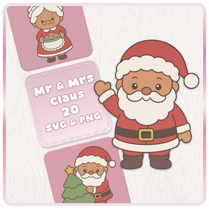Mr and Mrs Santa Claus SVG and PNG Christmas clipart bundle featuring cute Santa waving, Mrs Claus with cookies and Santa decorating a Christmas tree.