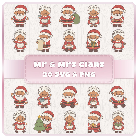 Father Christmas and Mrs Claus SVG and PNG clipart bundle featuring 20 cute festive characters with gifts, cookies, Santa sack, Christmas tree, book and classic holiday poses.