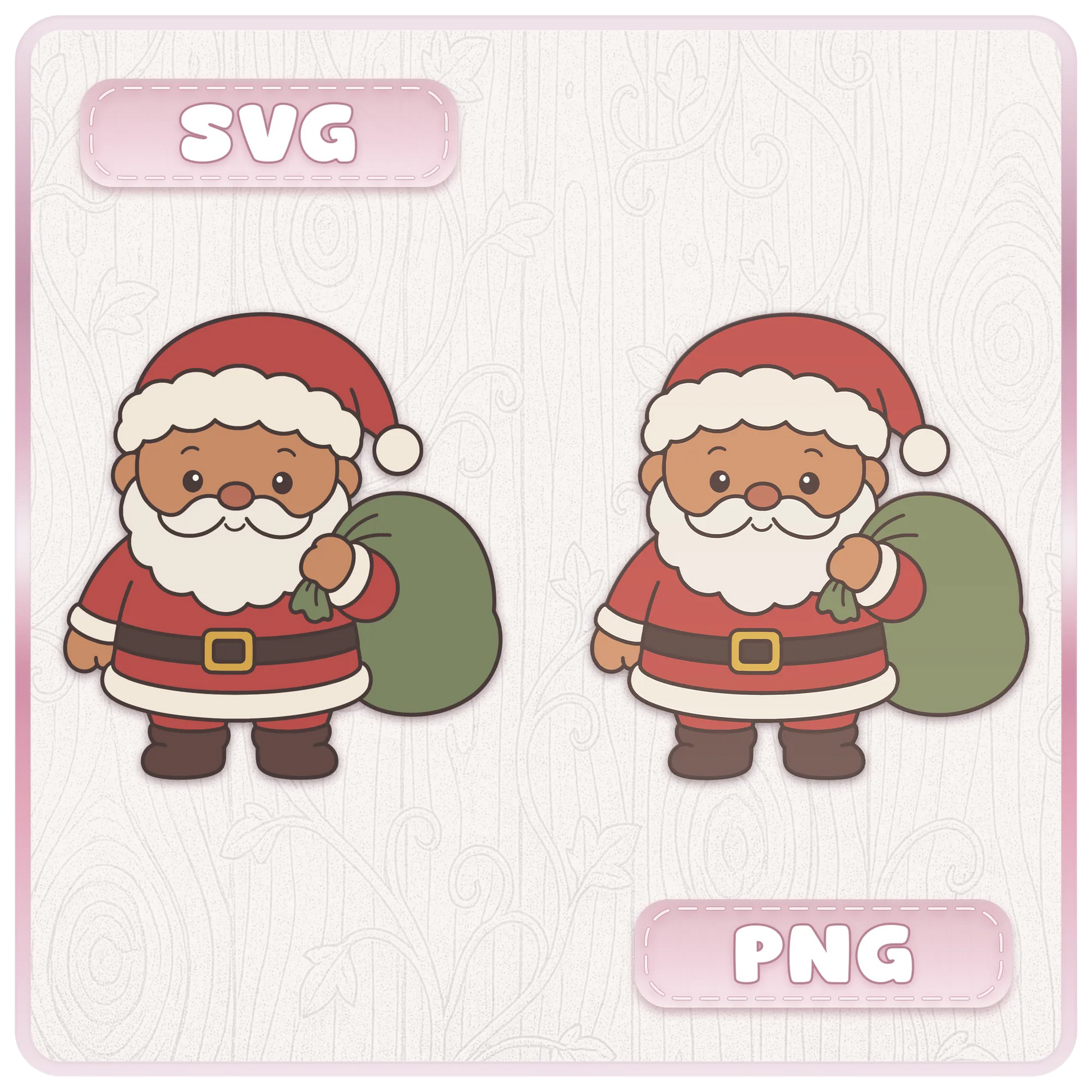 Santa Claus SVG and PNG preview showing two cute Christmas Santa characters carrying green gift sacks with red suits and cream trim.