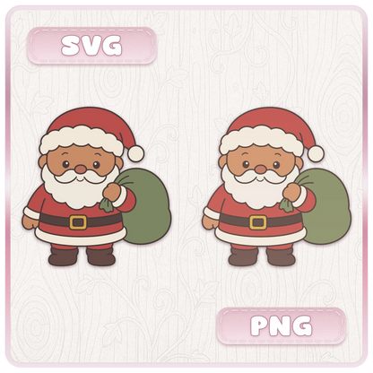 Santa Claus SVG and PNG preview showing two cute Christmas Santa characters carrying green gift sacks with red suits and cream trim.