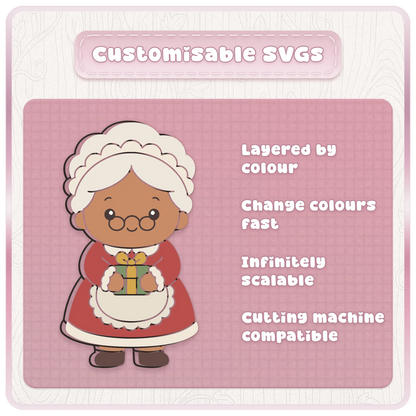 Customisable Mrs Claus SVG Christmas design showing layered by colour, changeable colours, infinitely scalable vector artwork and cutting machine compatibility.