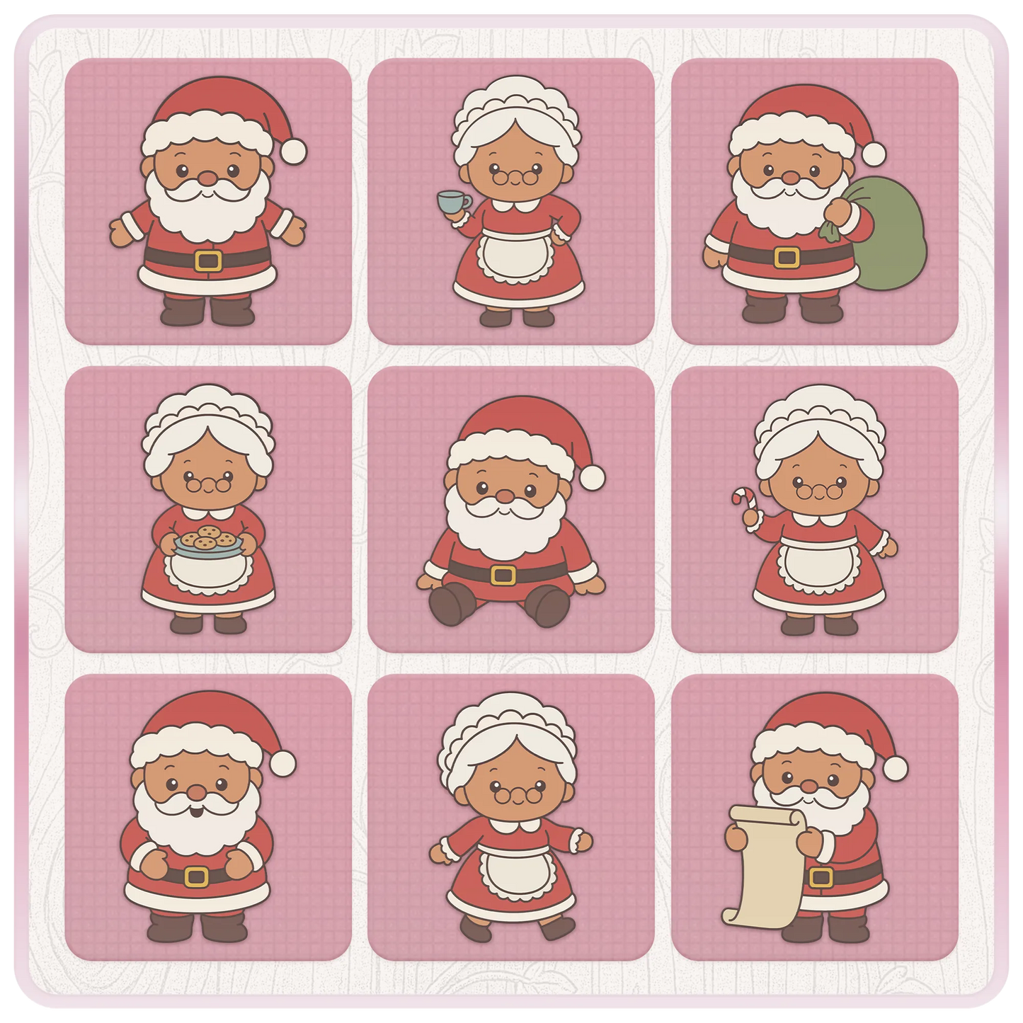 Mr and Mrs Santa Claus Christmas SVG bundle preview featuring nine cute Santa and Mrs Claus clipart designs including cookies, candy cane and Santa sack.