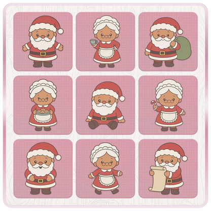 Mr and Mrs Santa Claus Christmas SVG bundle preview featuring nine cute Santa and Mrs Claus clipart designs including cookies, candy cane and Santa sack.