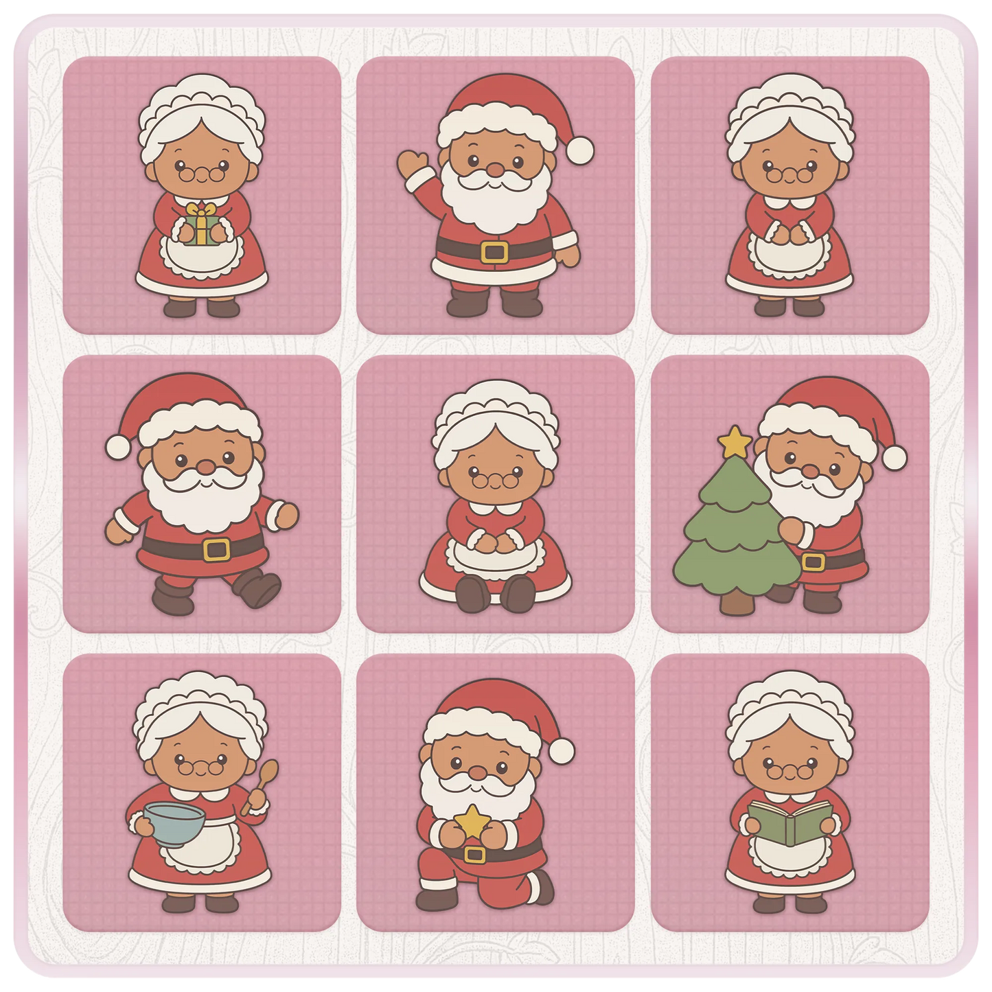 Christmas Santa and Mrs Claus SVG and PNG bundle preview with nine festive character designs including Christmas tree, mixing bowl, book, gift and star.