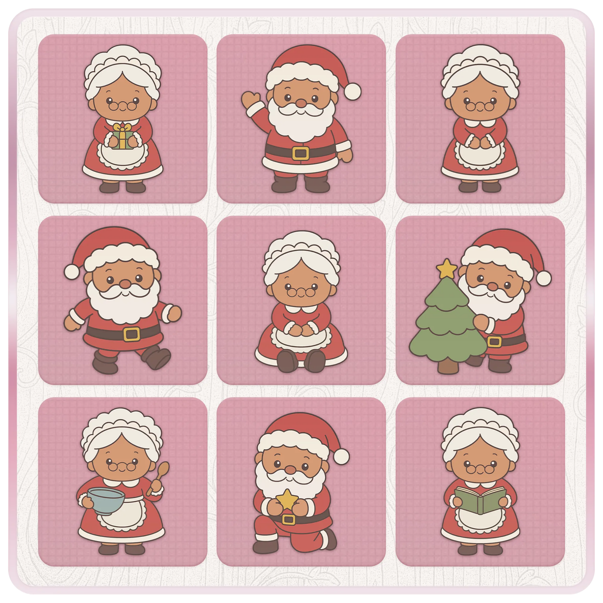 Christmas Santa and Mrs Claus SVG and PNG bundle preview with nine festive character designs including Christmas tree, mixing bowl, book, gift and star.