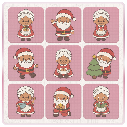 Christmas Santa and Mrs Claus SVG and PNG bundle preview with nine festive character designs including Christmas tree, mixing bowl, book, gift and star.