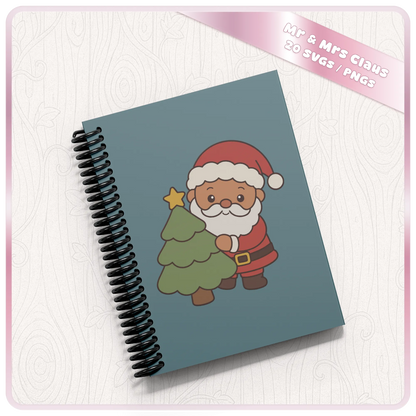 Cute Santa Claus Christmas tree SVG design displayed on a blue spiral notebook mockup from the 20 design Santa and Mrs Claus Christmas bundle.