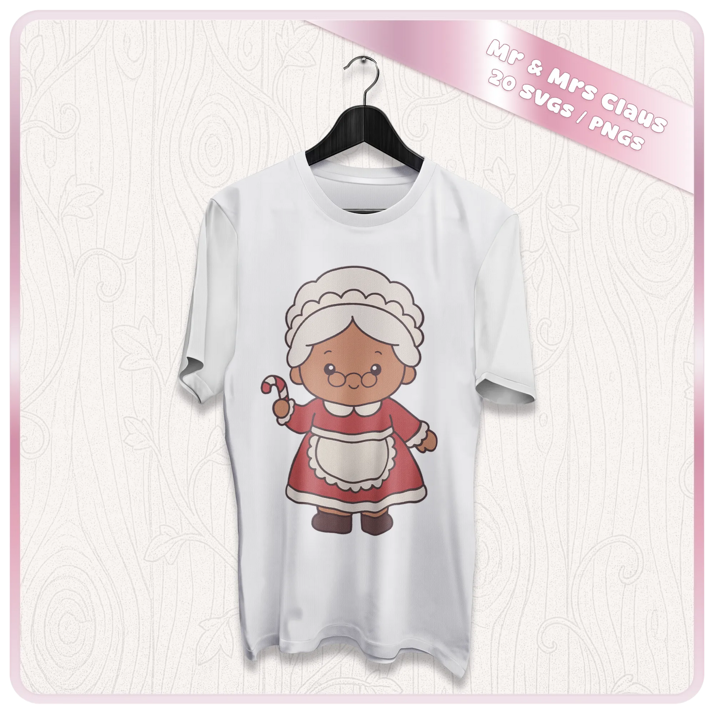 Cute Mrs Claus candy cane SVG and PNG Christmas design displayed on a white T-shirt mockup for festive Cricut, sublimation and Christmas crafts.
