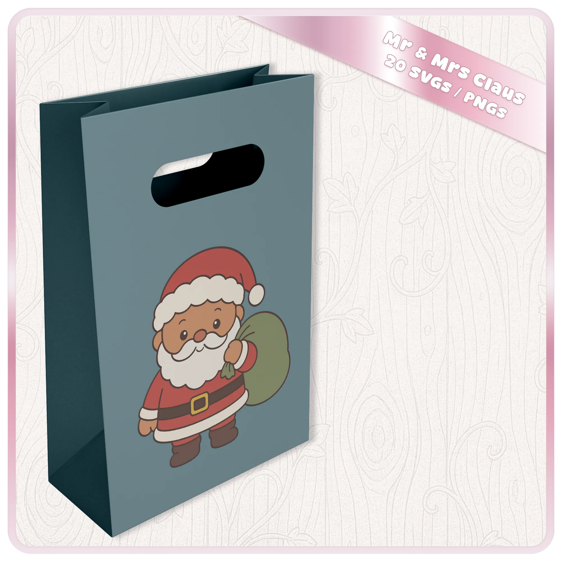 Cute Santa Claus with green gift sack SVG and PNG Christmas design displayed on a blue gift bag mockup from the Mr and Mrs Claus Christmas bundle.