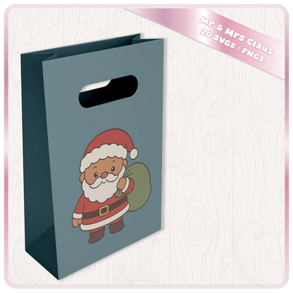 Cute Santa Claus with green gift sack SVG and PNG Christmas design displayed on a blue gift bag mockup from the Mr and Mrs Claus Christmas bundle.