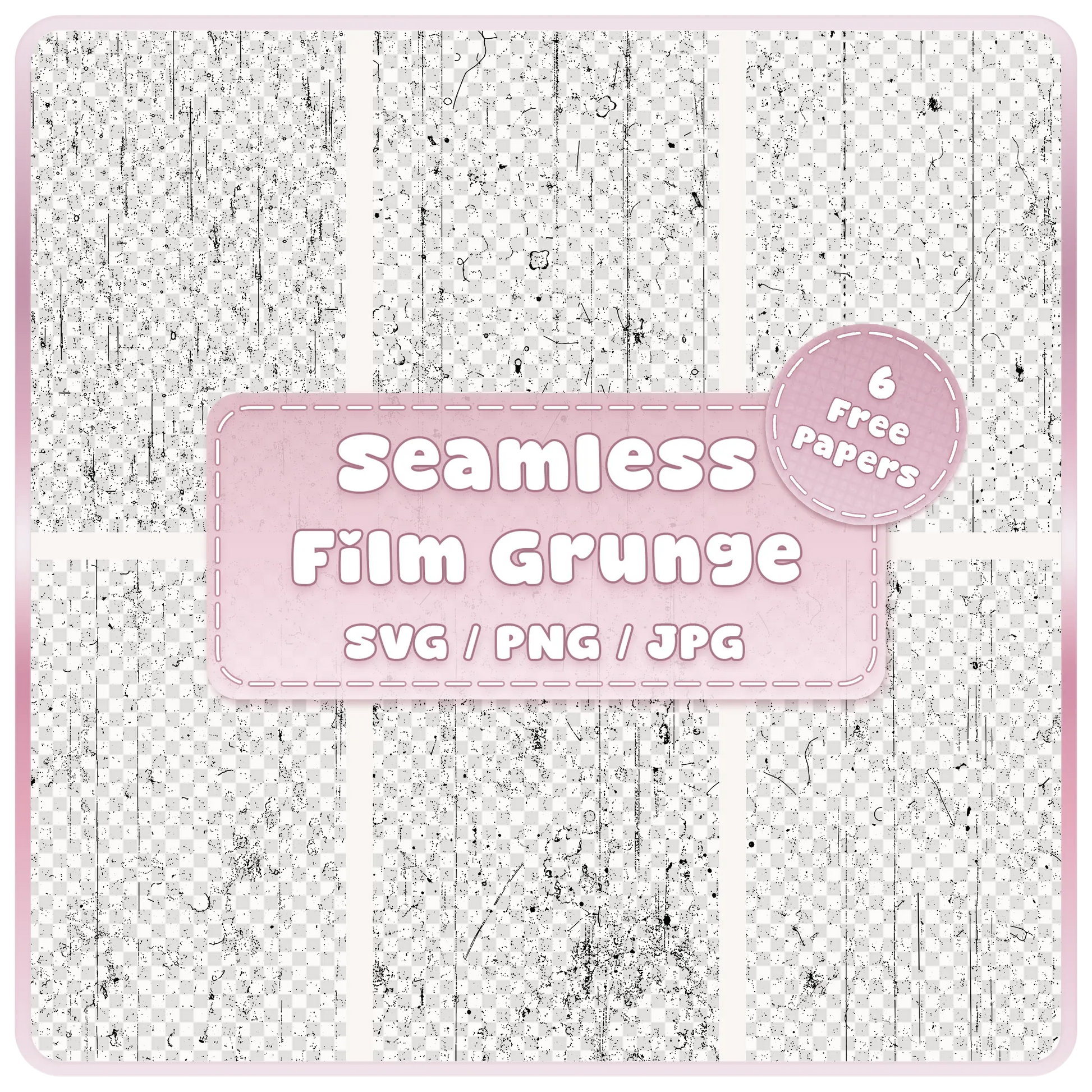 Six seamless grunge film pattern overlays displayed as black distressed scratches, dust and vintage film textures on transparent backgrounds, SVG PNG JPG digital download.