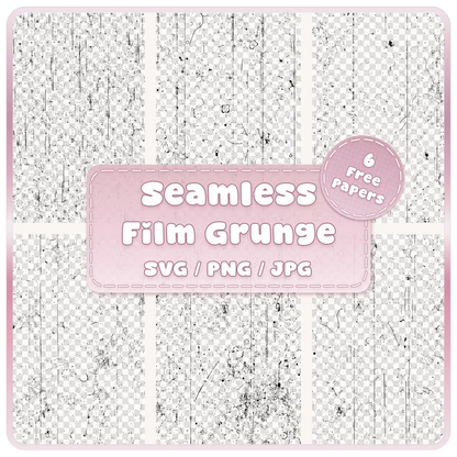 Six seamless grunge film pattern overlays displayed as black distressed scratches, dust and vintage film textures on transparent backgrounds, SVG PNG JPG digital download.