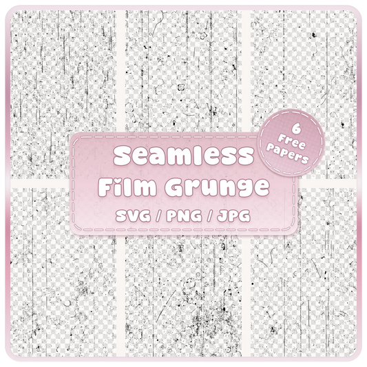 Six seamless grunge film pattern overlays displayed as black distressed scratches, dust and vintage film textures on transparent backgrounds, SVG PNG JPG digital download.