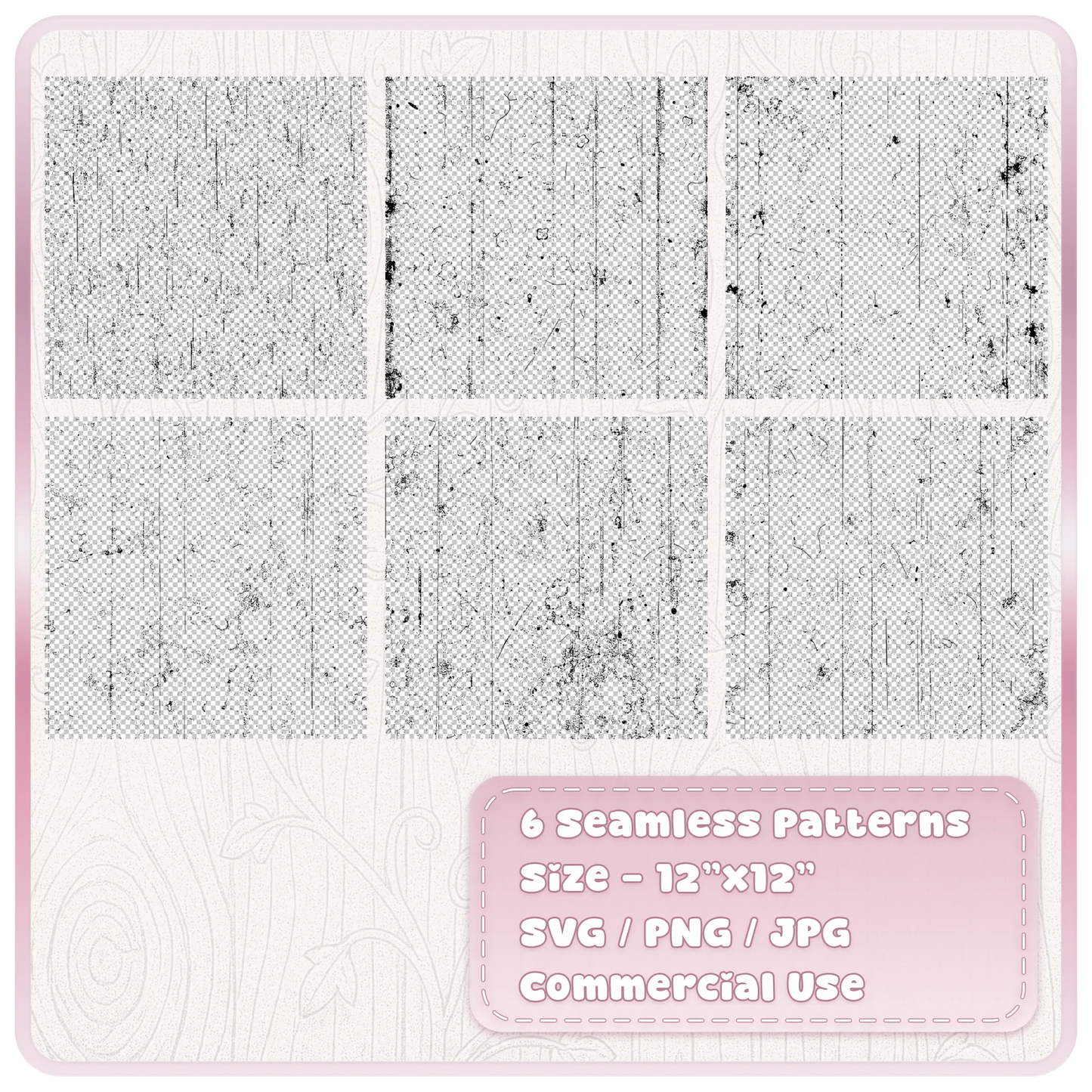 Preview of six seamless grunge film texture patterns with transparent backgrounds, featuring distressed scratches, speckles, dust and aged analogue film marks.