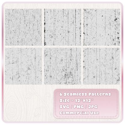 Preview of six seamless grunge film texture patterns with transparent backgrounds, featuring distressed scratches, speckles, dust and aged analogue film marks.